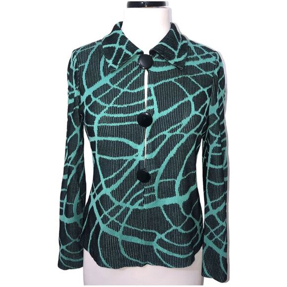 Ming Wang Sweaters - Ming Wang Black and Teal Abstract Print Acrylic Cardigan Sweater XS EUC